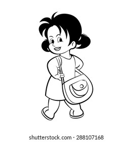 cartoon black outline girl with bag