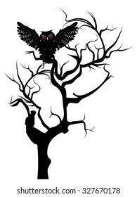 Cartoon black owl with red eyes, detailed silhouette.