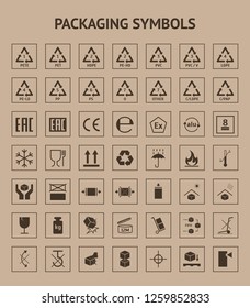 Cartoon Black Packaging Symbols Element Card Poster Include of Recycle, Warning, Fragile, Glass, Umbrella and Handle Element Flat Design Style Different Types. Vector illustration