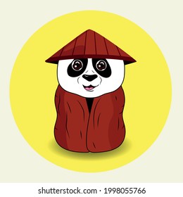 Cartoon black panda in kimono on a white background with a yellow circle. Martial arts. Single combat. Illustration vector. Funny card. Cute cartoon character. Isolated. Vector graphics.