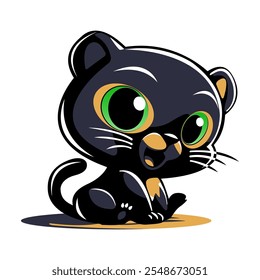 A cartoon black panther cub. An animal of the feline family. Vector illustration in a flat style. A template for the design of games, clothes and souvenirs. 