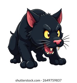 Cartoon black panther with fierce expression displaying teeth and ready to attack on white background