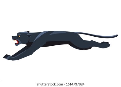 Cartoon Black panther running and catch their prey. Dynamic vector flat illustration isolated on white background