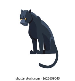 Cartoon black Panthera pardus kotiya, big spotted cat sits. Flat vector illustration isolated on white background.