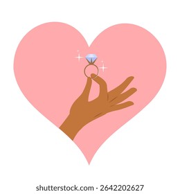 Cartoon of a Black person hand offering a wedding ring vector illustration. Drawing for inclusive romantic, proposal and engagement designs