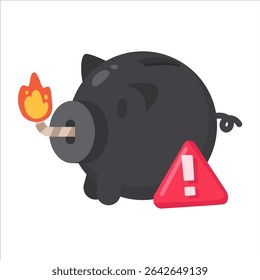 Cartoon Black Piggy Bank com fusível aceso e sinal de aviso ilustrando risco financeiro ou conceito de crise
