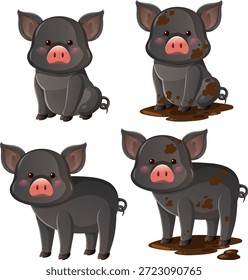 Desenhos animados leitões pretos em várias poses, limpos e lamacentos, com iluminação suave e fundo simples