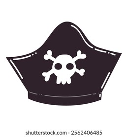 Cartoon black pirate captain hat with skeleton in flat style isolated on white background.