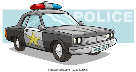 Cartoon black police car with golden badge and blue red flashers on light blue background. Vector icon.