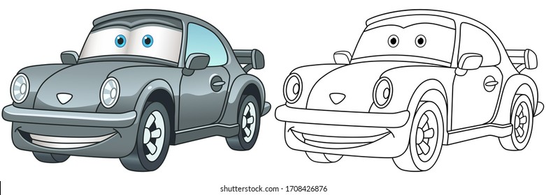 Cartoon black retro car. Coloring page and colorful clipart character. Cute design for t shirt print, icon, logo, label, patch or sticker. Vector illustration.