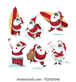 Cartoon Black Santa Claus collection. delivering gifts. Christmas illustration of group of Santa Claus in warm and cold climates. EPS 10 vector.