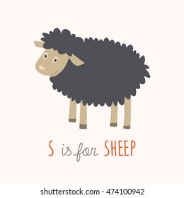 Cartoon black sheep. Farm animal. Baby book / picture book / flash card. Vector hand drawn eps 10 clip art illustration isolated on white background.
