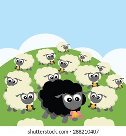 Cartoon black sheep standing out from the crowd of white sheeps vector illustration.