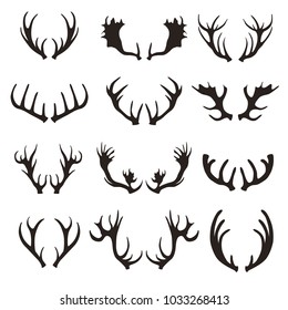 Cartoon Black Silhouette Deer Horns Set Antler Animal Concept Flat Design Style Decor Elements for Web. Vector illustration