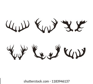 Cartoon Black Silhouette Deer Horns Set Antler Animal Concept Flat Design Style Decor Elements for Ad. Vector illustration