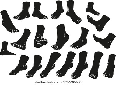 Cartoon black silhouette man or woman foots gesture set. Different foot positions. Vector icons.