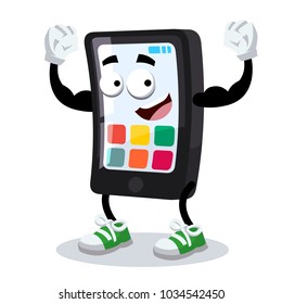 cartoon black smartphone mascot shows its strength on a white background