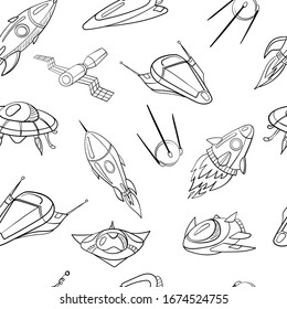 cartoon black spaceships, satellite, space station, flying saucer on the background of stars . seamless vector pattern