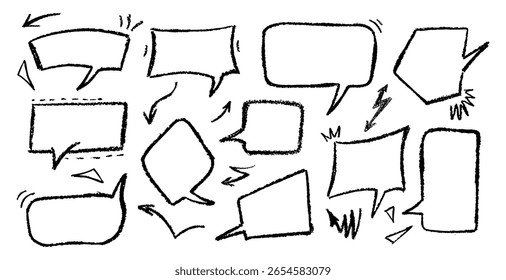 Bolhas de fala preto desenhos animados com textura de giz de cera áspera e estilo grafite. Painel de carvão abstrato definido para mensagem ou quadro de palavras. Jardim de infância isolado fala seta com efeito redondo grunge. Vetor