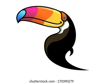 Cartoon black toucan logo with a large colourful multicoloured beak isolated on white. Rasterized version also available in gallery