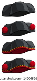 Cartoon Black Traditional Spanish Toreador Or Matador Hat With Red Pompoms. Isolated On White Background. Vector Icon Set.