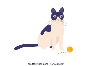 Cartoon, schwarz-weiß, mit einem Ball aus Faden einzeln auf Weiß. schwarz-weißes Haustier mit großen Ohren.