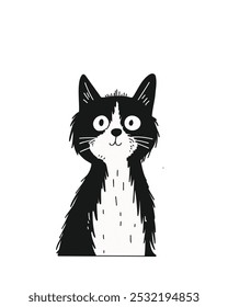 Cartoon black and white cat in a simple design, hand drawn, on a white background