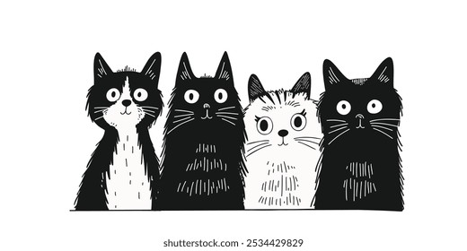 Cartoon black and white cats in modern style, doodle style, hand-drawn, on a white background