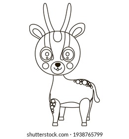 Cartoon black and white cheerful baby dorcas gazelle. African contour cloven-hoofed animal for coloring page or book. Vector.