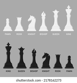 Cartoon black and white chess pieces set isolated on white background. Chess icons. King, queen, rook, knight, bishop, pawn. Vector illustration for design.