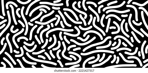 Cartoon black and white, colorful line pattern. Vector doodle seamless. Basic shape. Wavy organic rounded shapes. Abstract, ornament background. Retro memphis trendy desgin. Biological maze.