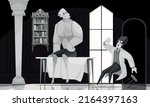 Cartoon black and white composition with scared dr victor frankenstein and his monster coming to life in laboratory vector illustration