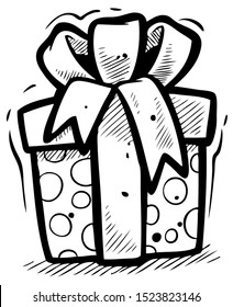 Cartoon black and white cute gift box with ribbon. Isoleted on white background. Vector illustration.