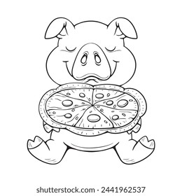 Cartoon black and white cute pig enjoys pizza hand drawn. 
Coloring Images, Flat, Poster, Vector, Illustration, Cartoon, EPS10.  