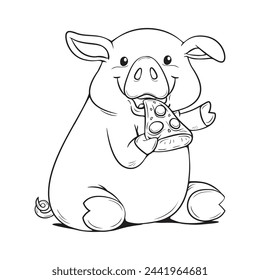 Cartoon black and white cute pig eating pizza hand drawn. 
Coloring Images, Flat, Poster, Vector, Illustration, Cartoon, EPS10. 