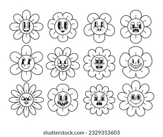 Cartoon Black White Daisy Emoticons, Retro Daisies With Expressive Emotions. Happy, Sad, Angry, Bored And Grumpy Flower
