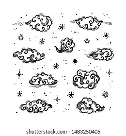 Cartoon Black and White Doodle Chinese or Japanese Cute Clouds and Stars Vector Set Design for Kids