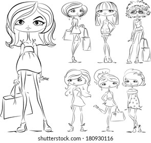 Cartoon black and white fashionable girls 