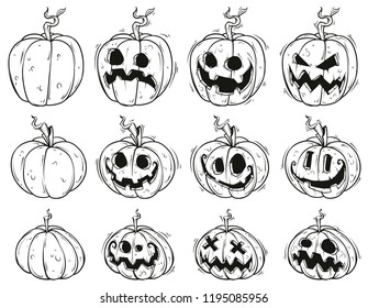 Cartoon black and white funny halloween pumpkins with different face emotions. Isolated on white background. Vector icon set.