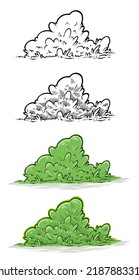 Cartoon Black And White, Green Small Bush Set. Vector Icon Set Isolated On White Background.