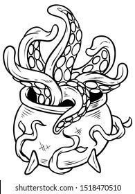 Cartoon black and white halloween witch's cauldron brew with octopus tentacles and wooden roots. Isolated on white background. Vector icon.