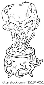 Cartoon black and white halloween witch's cauldron brew with human skull, spoon, bubbles, wooden roots and boiling potion. Isolated on white background. Vector icon.