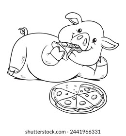 Cartoon black and white hand drawn cute pig eating pizza. 
Coloring Images, Flat, Poster, Vector, Illustration, Cartoon, EPS10. 