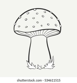 Cartoon black and white hand-drawn image of a spotted mushroom. Vector graphics.