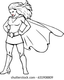 Cartoon black and white illustration of a pretty super lady wearing long cap