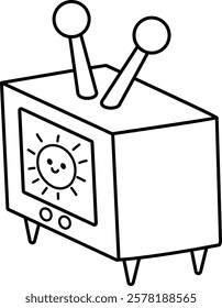 Cartoon black and white kawaii tv set. Cute line retro television with antenna showing sun on the screen. Isometric clipart illustration, coloring page