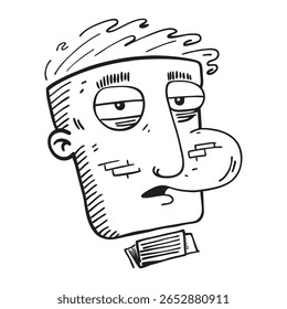 Desenho animado em preto e branco com um personagem masculino peculiar e bem-humorado com características exageradas e elementos de texto externos.
