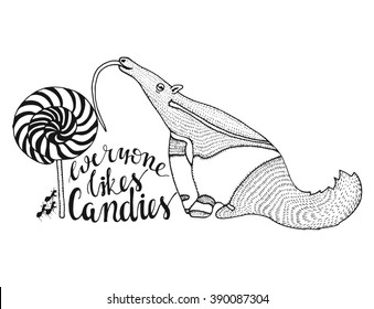 Cartoon black and white picture with anteater, ants, big candy and lettering on white background- stock vector