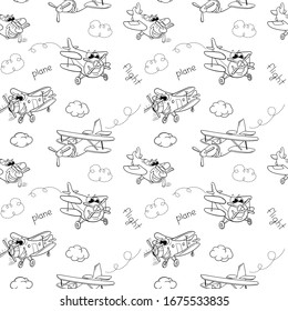 cartoon black and white planes with eyes for children. seamless vector pattern of planes, on a white isolated background, for fabric, packaging paper, background