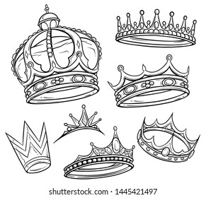 Cartoon black and white royal king crown with diamonds and gems. Isolated on white background. Vector icon set.